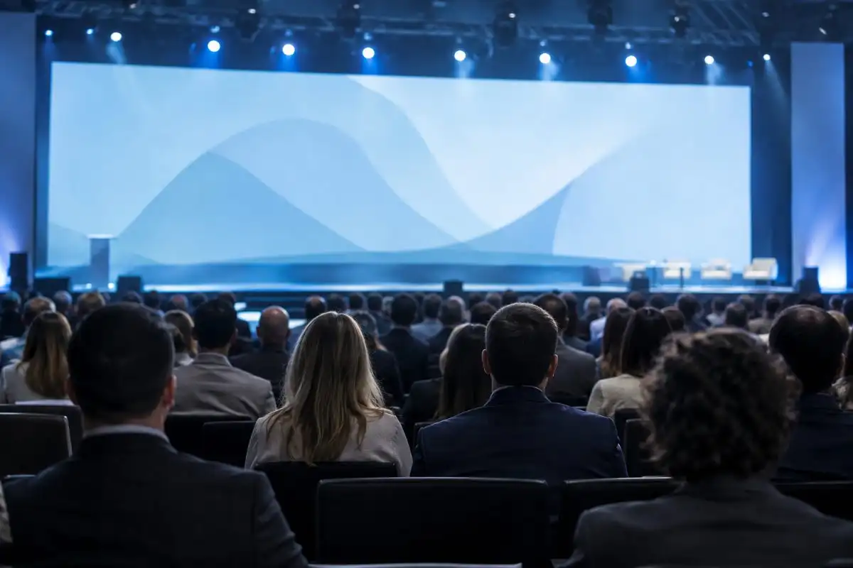 Conference audience seen from the back of the hall, facing a large stage screen