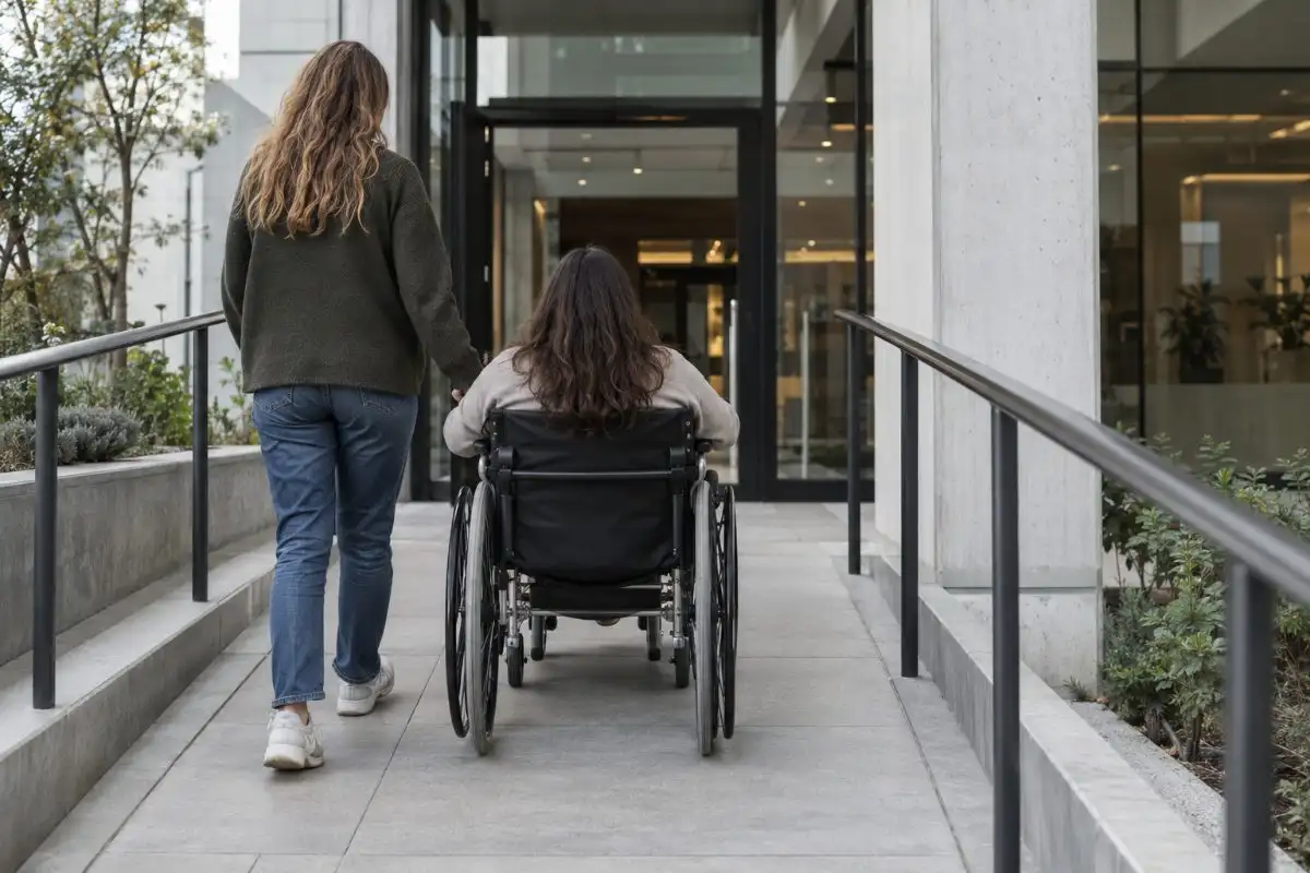 A person in a wheelchair and a companion going up a ramp into a building, seen from behind
