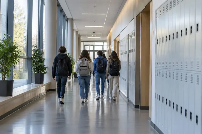 Students with backpacks walking along a school corridor, seen from behind