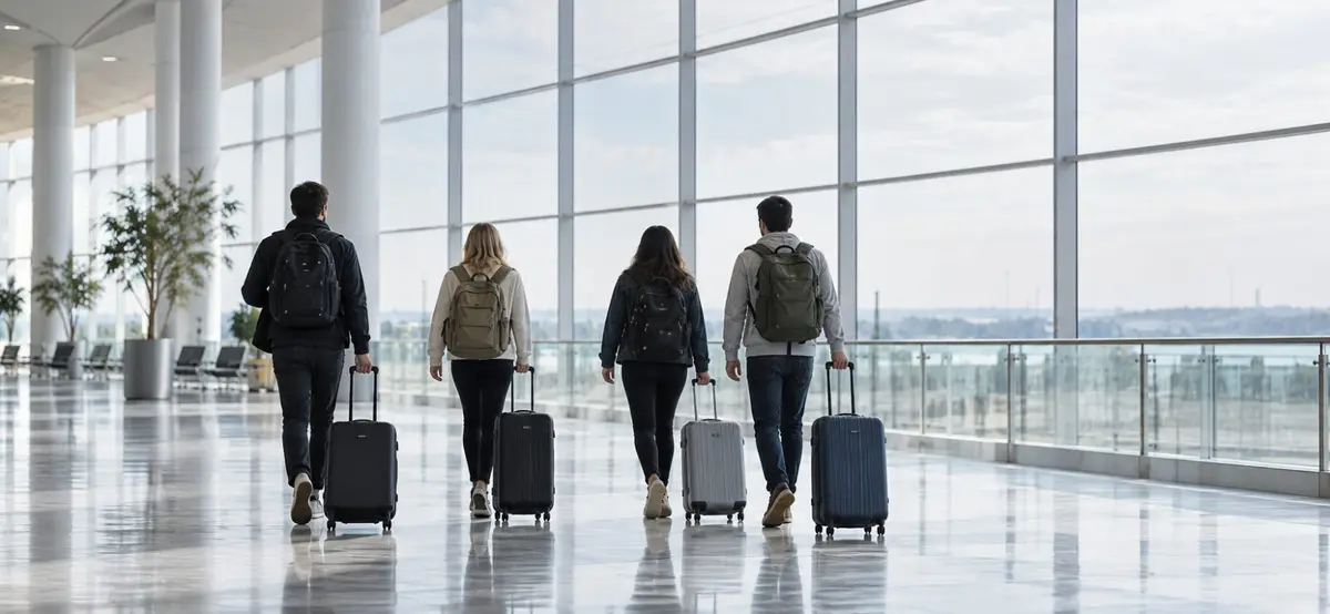 Four travellers with backpacks and suitcases walking through an airport concourse, seen from behind