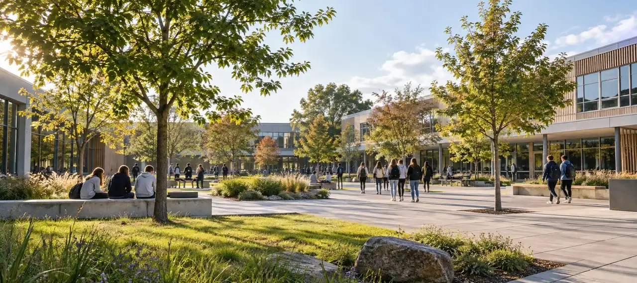 Students walking and sitting in a sunny school courtyard, seen at a distance